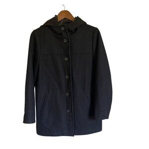 Eddie Bauer Petite Small Wool Blend Button Front Hooded Peacoat Black